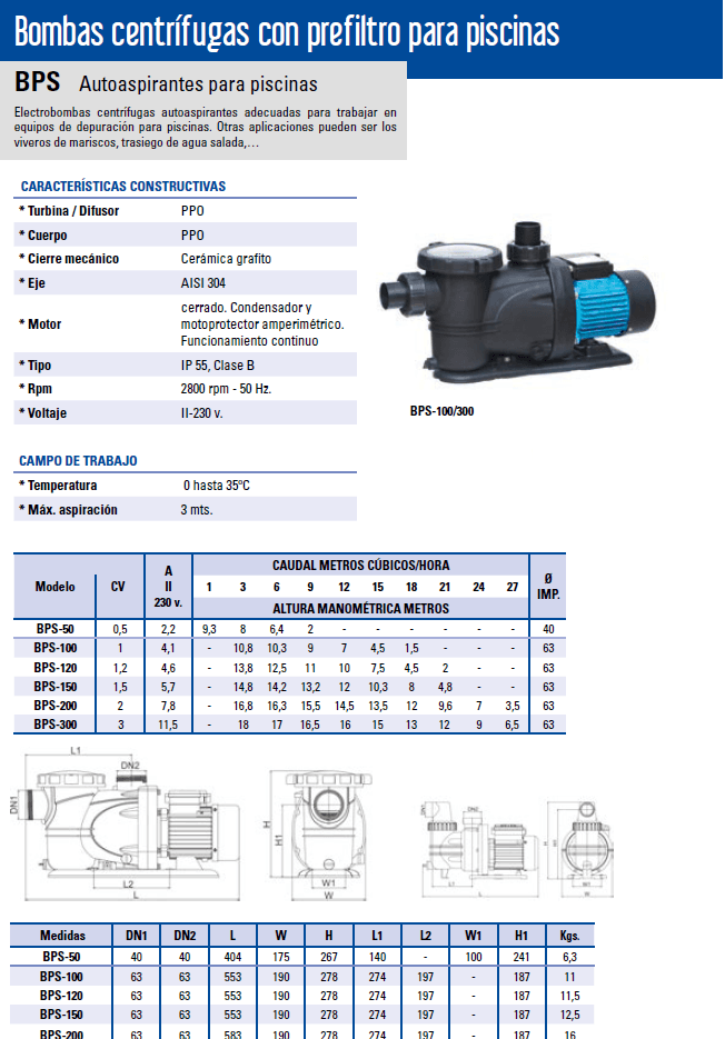 bomba de piscina bps 100 - 300 con sus caracteristicas y descripción