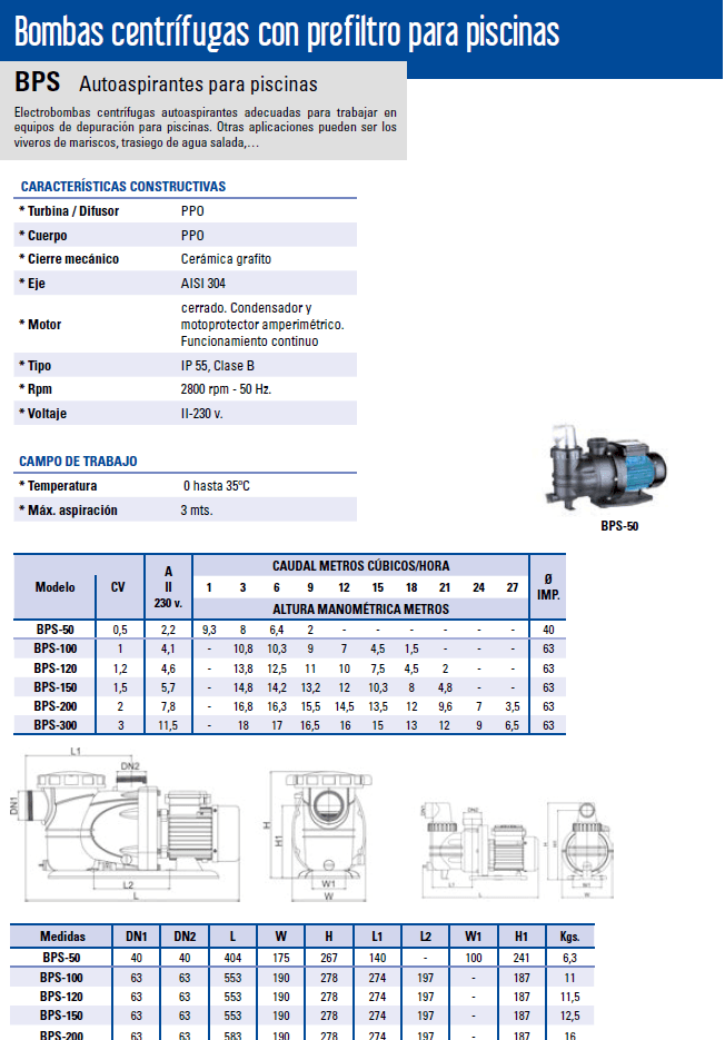bomba de piscina bps 50 con sus caracteristicas y descripción